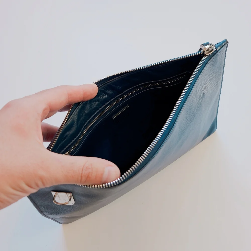 PRADA Saffiano Leather Blue Zipper Clutch Pouch Bag With Silver Hardware. - Picture 9 of 14